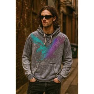 American Eagle Men's Vintage Distressed Graphic Hoodie Gray Y2K Grunge Large 90s